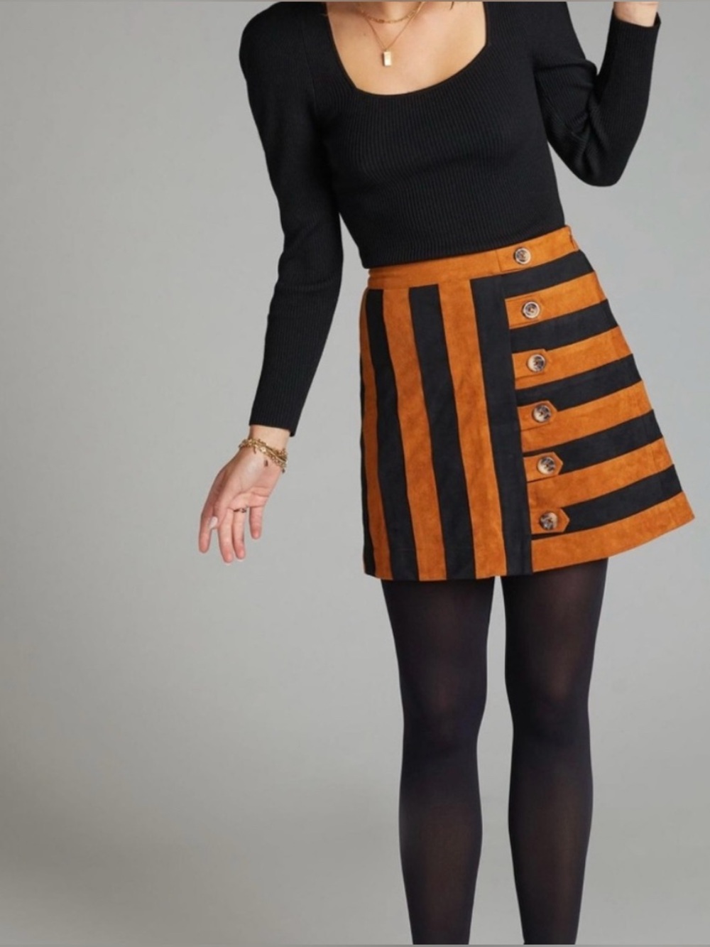 By Anthropologie Faux Suede Mini Skirt Brown Motif Stripe Size 6